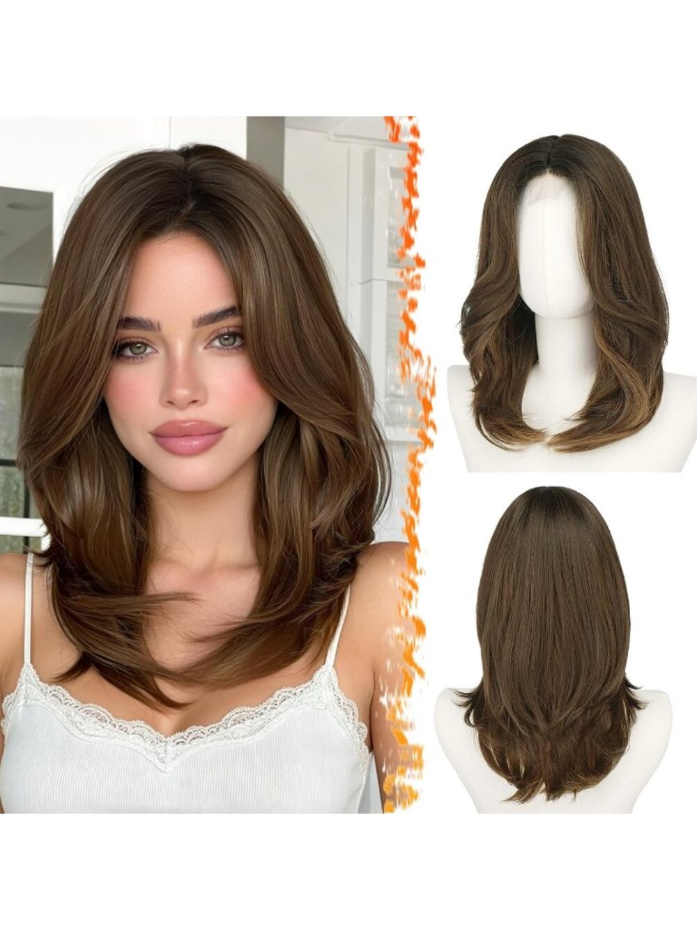 16 Inch Women's Brown Ombre Butterfly Layered Straight Curtain Bangs Wigs